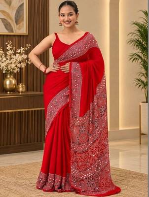 Red ethnic motifs mirror work saree 1