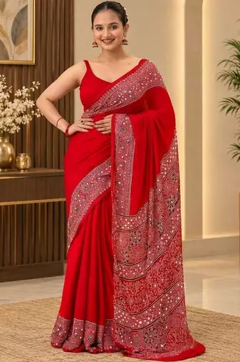 Red ethnic motifs mirror work saree