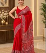 Red ethnic motifs mirror work saree