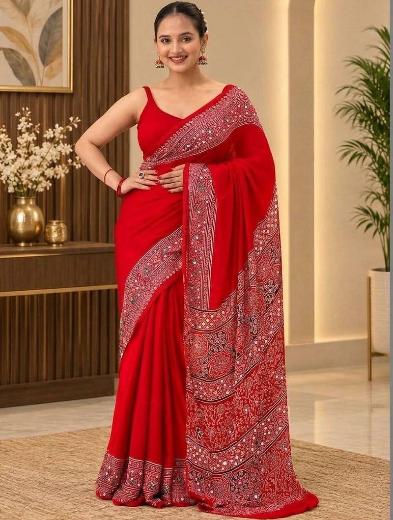 Red ethnic motifs mirror work saree