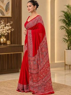 Red ethnic motifs mirror work saree 2