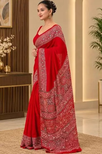 Red ethnic motifs mirror work saree