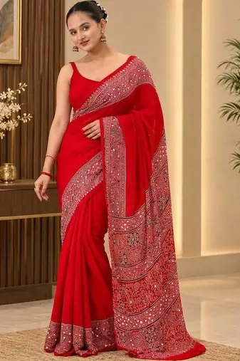 Red ethnic motifs mirror work saree