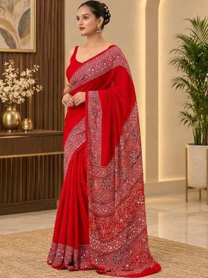 Red ethnic motifs mirror work saree 4