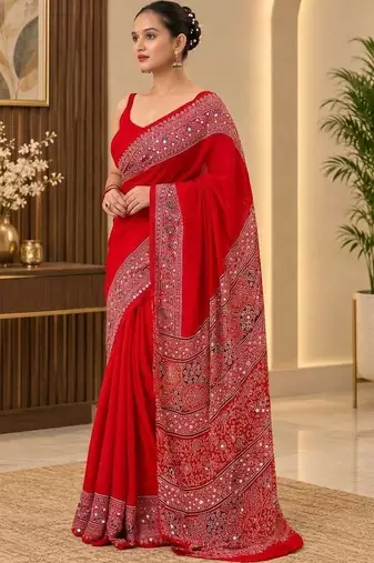 Red ethnic motifs mirror work saree