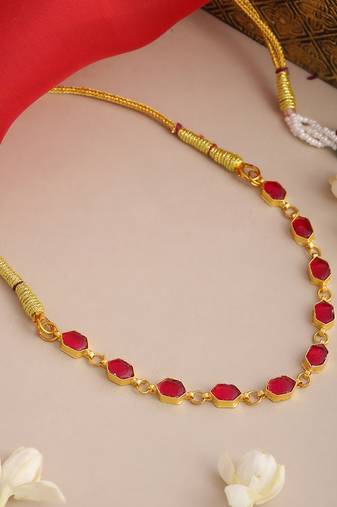 Gold plated kundan ruby red oval stones choker necklace