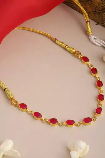 Gold plated kundan ruby red oval stones choker necklace