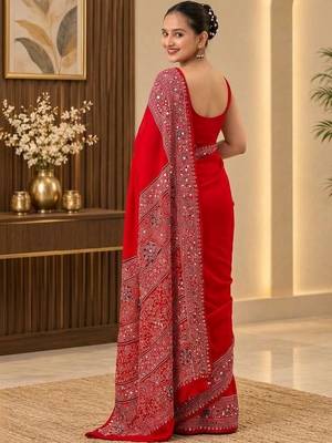 Red ethnic motifs mirror work saree 5