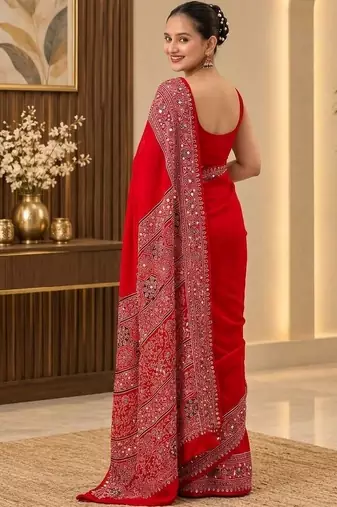 Red ethnic motifs mirror work saree