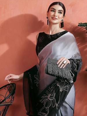 Grey floral printed satin saree with unstitched blouse 1