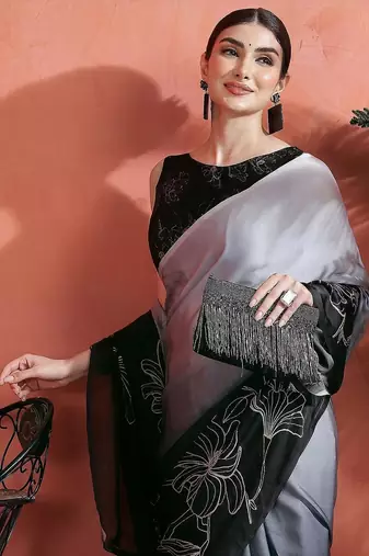 Grey floral printed satin saree with unstitched blouse