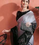 Grey floral printed satin saree with unstitched blouse