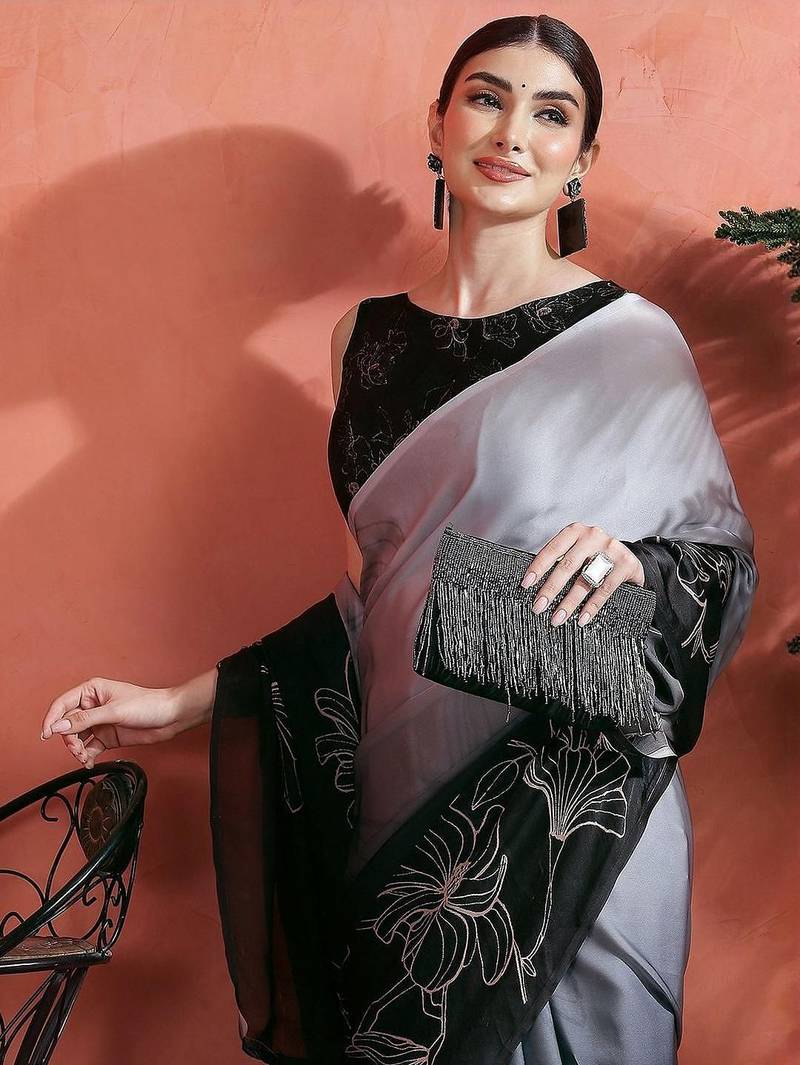 Grey floral printed satin saree with unstitched blouse