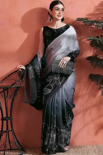 Grey floral printed satin saree with unstitched blouse