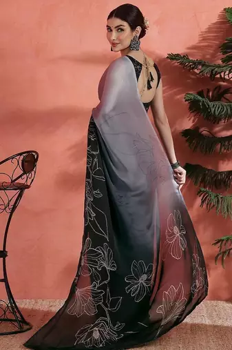 Grey floral printed satin saree with unstitched blouse