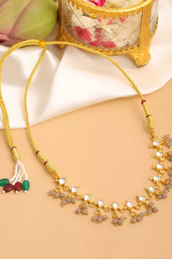 Gold plated kundan grey beaded choker necklace