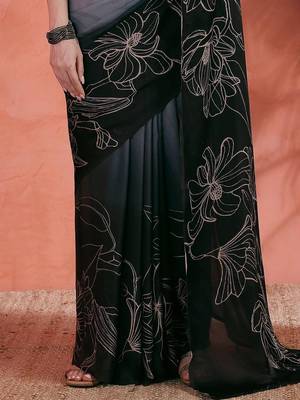 Grey floral printed satin saree with unstitched blouse 5