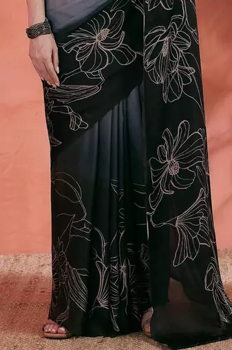 Grey floral printed satin saree with unstitched blouse