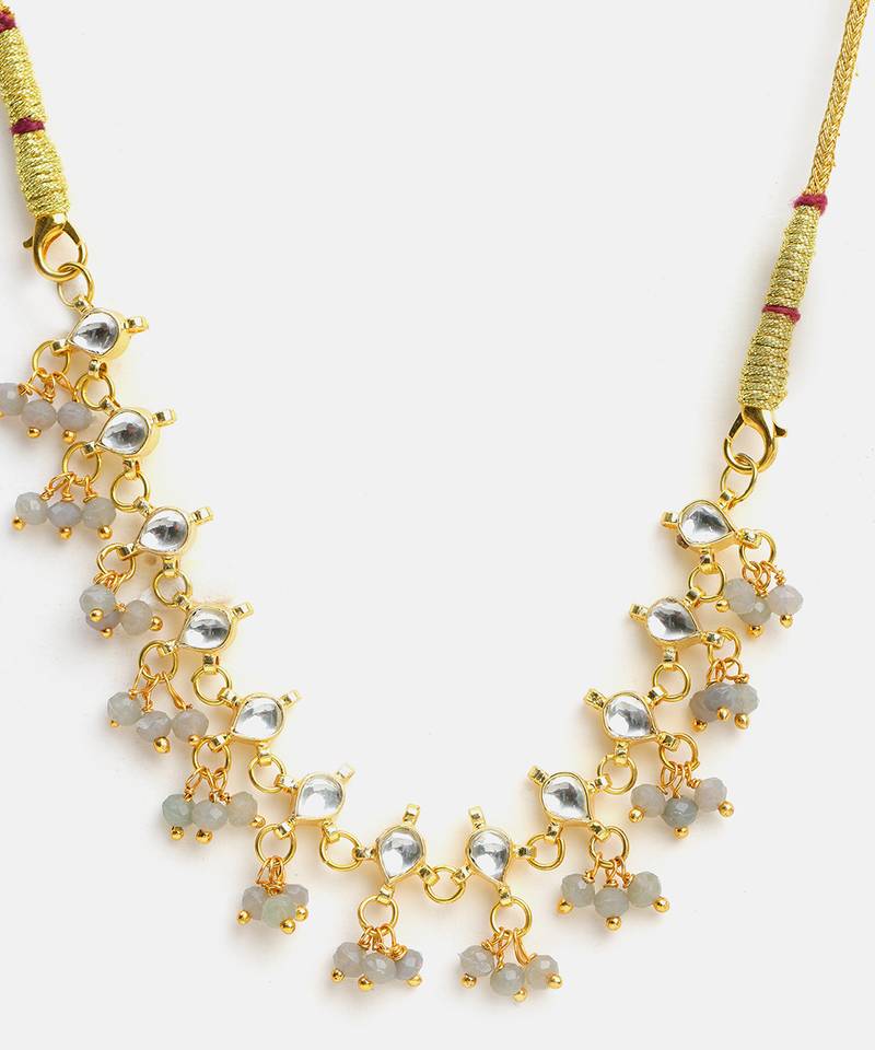 Gold plated kundan grey beaded choker necklace