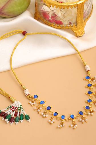Gold plated kundan blue stones choker necklace