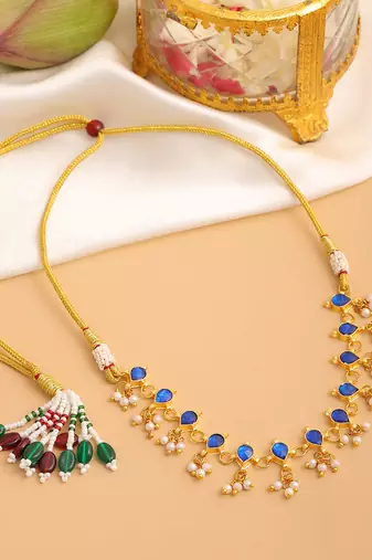 Gold plated kundan blue stones choker necklace