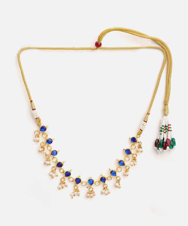 Gold plated kundan blue stones choker necklace