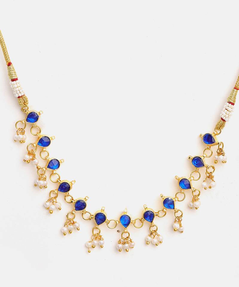 Gold plated kundan blue stones choker necklace