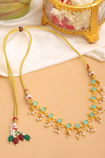 Gold plated kundan mint green stones choker necklace