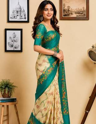 Multicolor teal printed chanderi cotton ready to wear saree 1