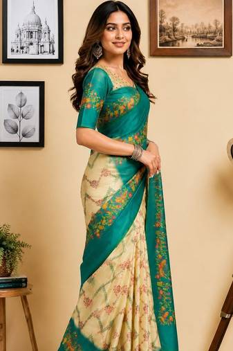 Multicolor teal printed chanderi cotton ready to wear saree