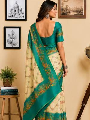 Multicolor teal printed chanderi cotton ready to wear saree 2