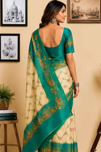Multicolor teal printed chanderi cotton ready to wear saree