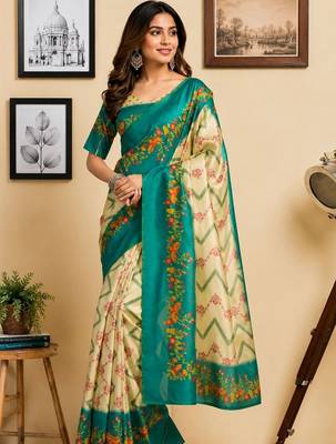Multicolor teal printed chanderi cotton ready to wear saree 3