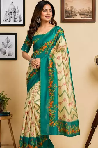 Multicolor teal printed chanderi cotton ready to wear saree