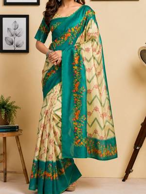 Multicolor teal printed chanderi cotton ready to wear saree 4