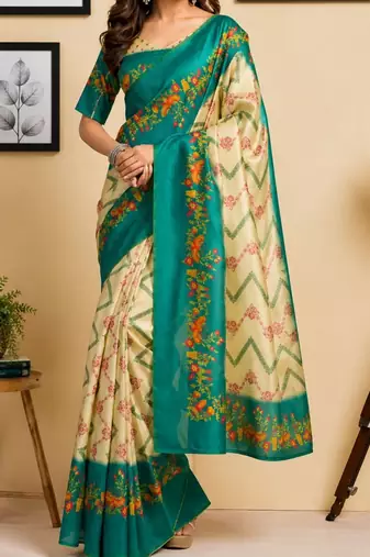 Multicolor teal printed chanderi cotton ready to wear saree