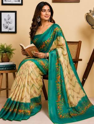 Multicolor teal printed chanderi cotton ready to wear saree 5