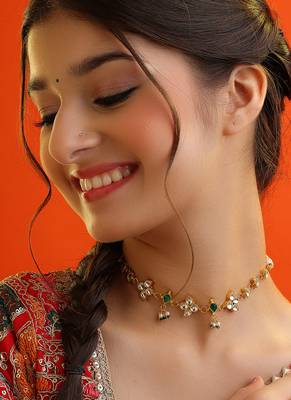 Gold plated kundan green and white stone choker necklace 1