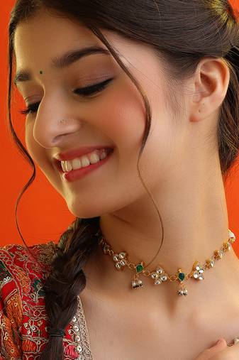 Gold plated kundan green and white stone choker necklace