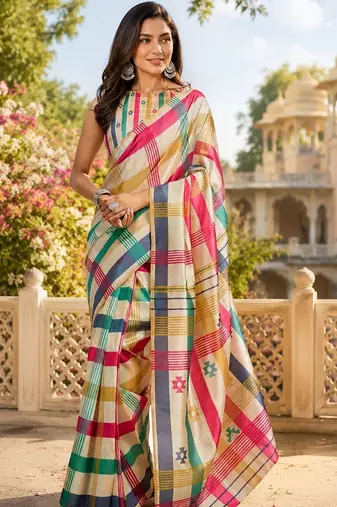 Multicolor printed chanderi cotton ready to wear saree