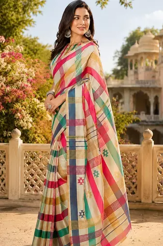 Multicolor printed chanderi cotton ready to wear saree