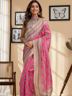 Pink pink printed chanderi cotton ready to wear saree 1
