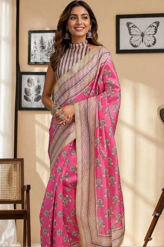 Pink pink printed chanderi cotton ready to wear saree