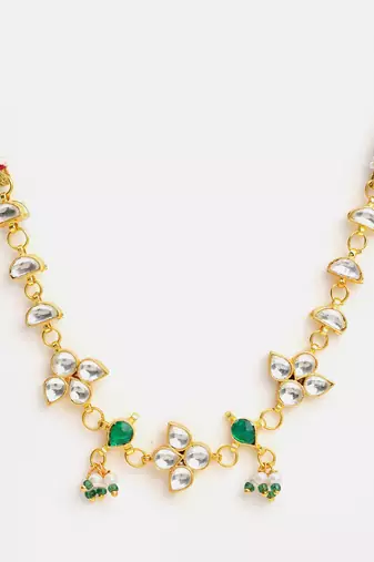 Gold plated kundan green and white stone choker necklace