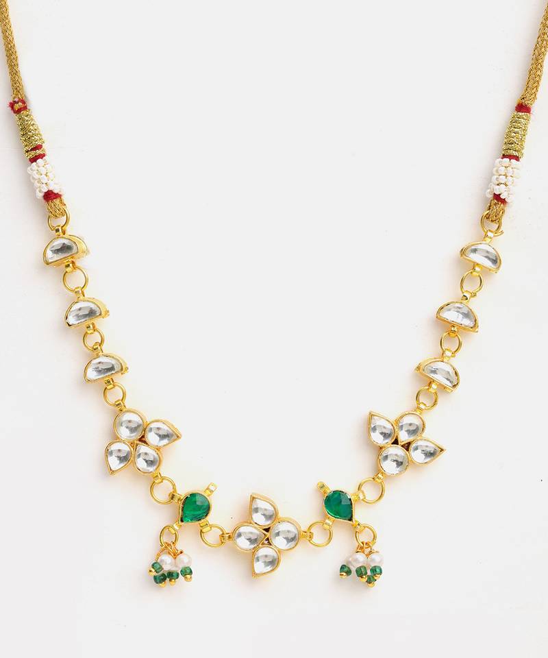 Gold plated kundan green and white stone choker necklace