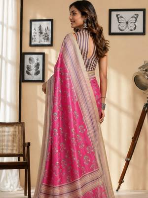 Pink pink printed chanderi cotton ready to wear saree 2