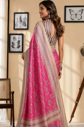 Pink pink printed chanderi cotton ready to wear saree