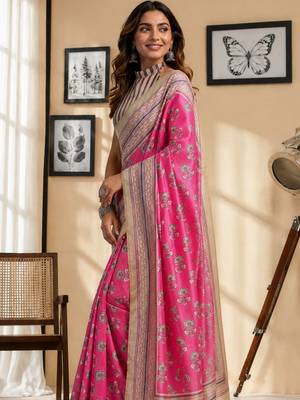 Pink pink printed chanderi cotton ready to wear saree 3