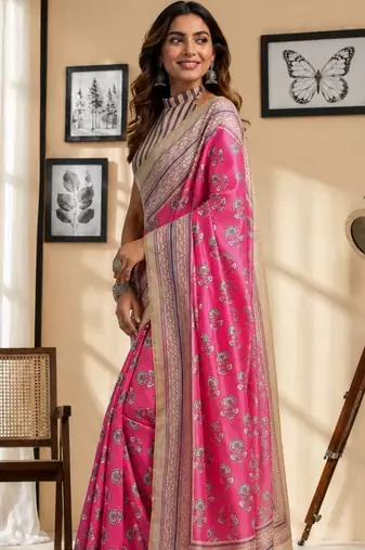 Pink pink printed chanderi cotton ready to wear saree