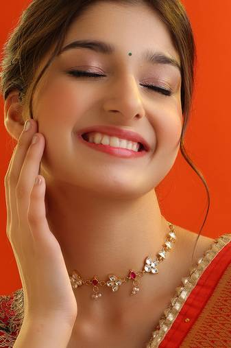 Gold plated kundan pink stone choker necklace